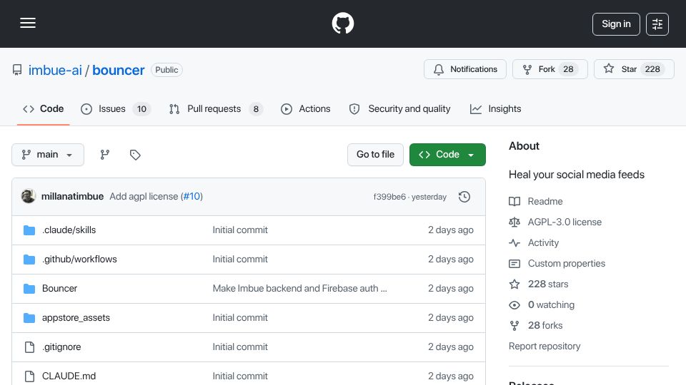 Screenshot of github.com: Bouncer: Block "crypto", "rage politics", and more from your X feed using AI