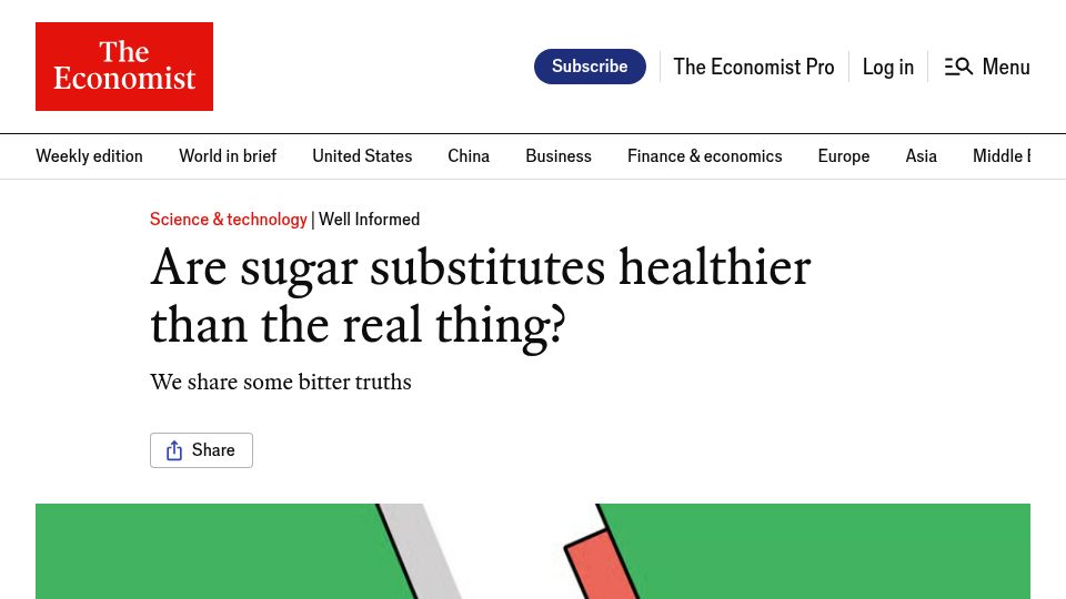 Screenshot of economist.com: Are sugar substitutes healthier than the real thing?