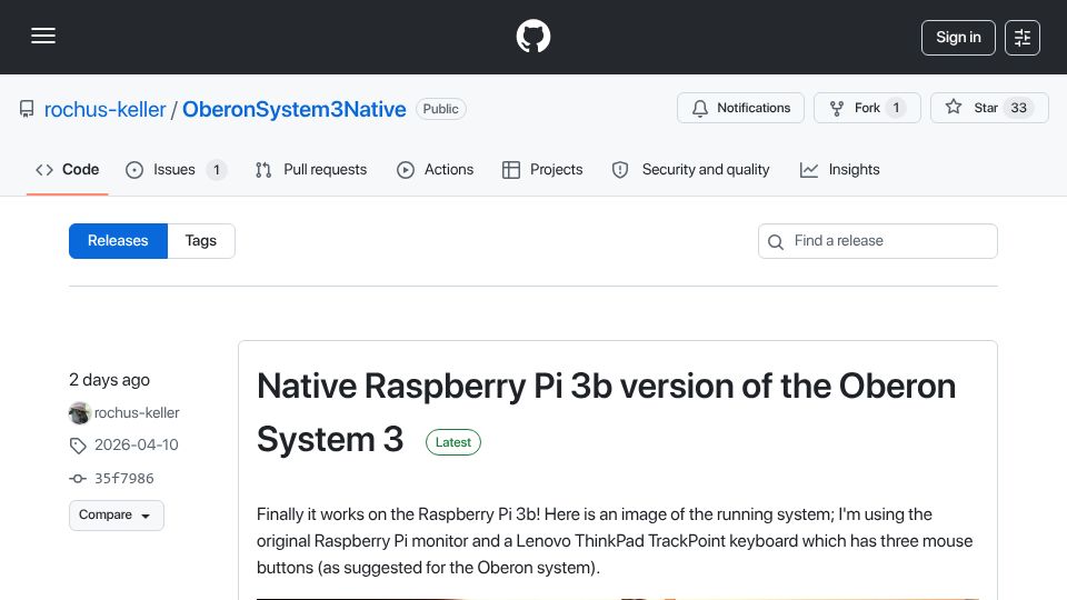Screenshot of github.com: Show HN: Oberon System 3 runs natively on Raspberry Pi 3 (with ready SD card)