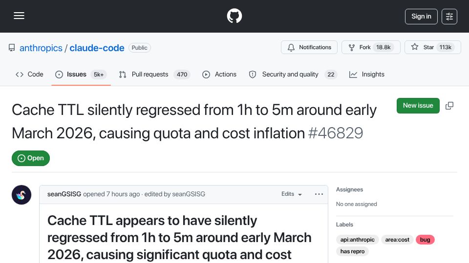 Screenshot of github.com: Anthropic downgraded cache TTL on March 6th