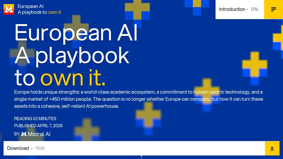 Screenshot of europe.mistral.ai: European AI. A playbook to own it
