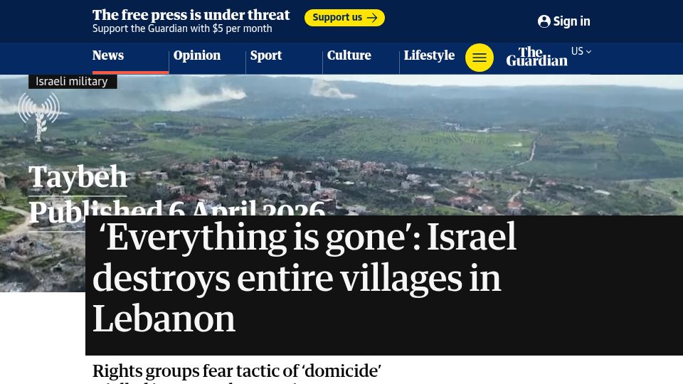 Screenshot of theguardian.com: Israel Destroys Villages in Lebanon