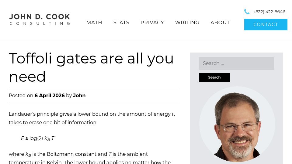 Screenshot of johndcook.com: Tofolli gates are all you need
