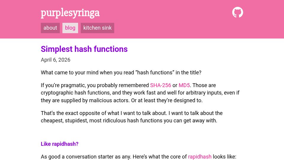 Screenshot of purplesyringa.moe: Simplest Hash Functions