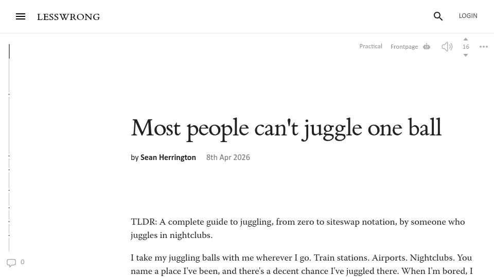 Screenshot of lesswrong.com: Most people can't juggle one ball