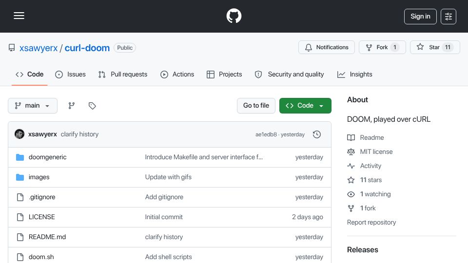 Screenshot of github.com: Doom, Played over Curl