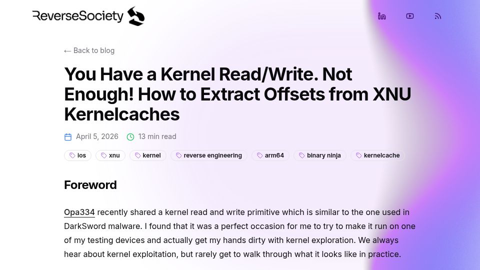 Screenshot of blog.reversesociety.co: Compute iOS XNU offset from kernel cache