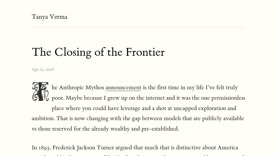 Screenshot of tanyaverma.sh: The Closing of the Frontier