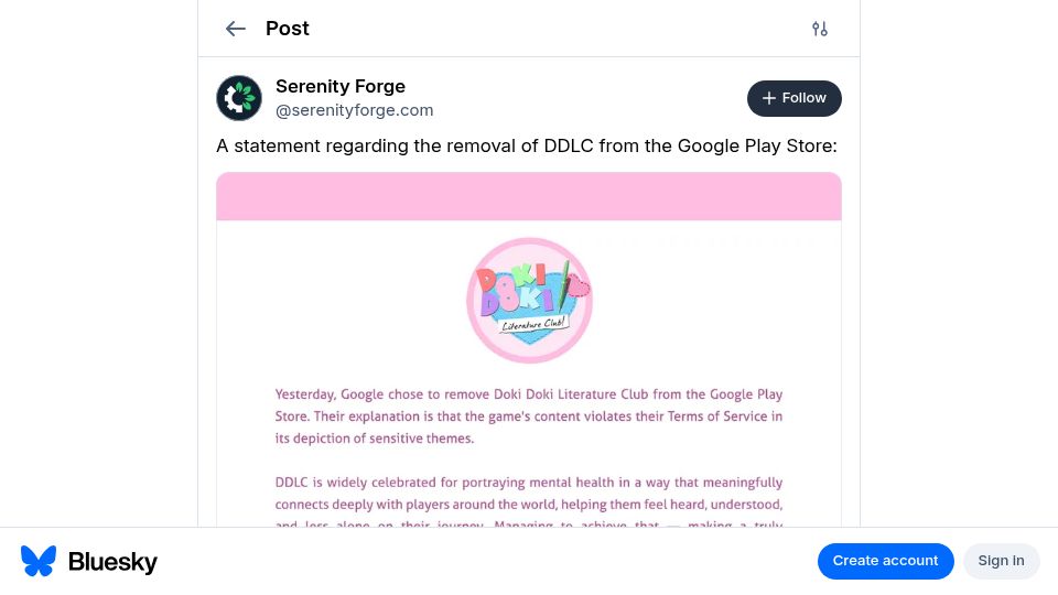 Screenshot of bsky.app: Google removes "Doki Doki Literature Club" from Google Play