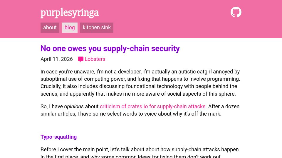 Screenshot of purplesyringa.moe: No one owes you supply-chain security
