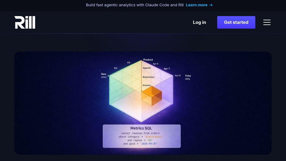 Screenshot of rilldata.com: Metrics SQL: A SQL-based semantic layer for humans and agents