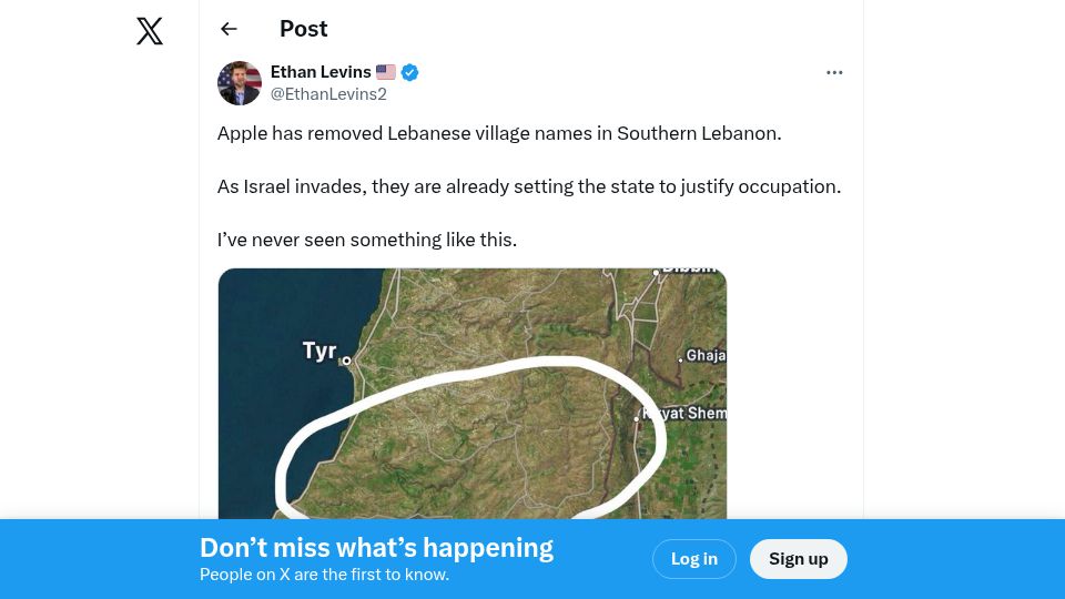 Screenshot of twitter.com: Apple removes Lebanese village names from Apple Maps as Israel attacks