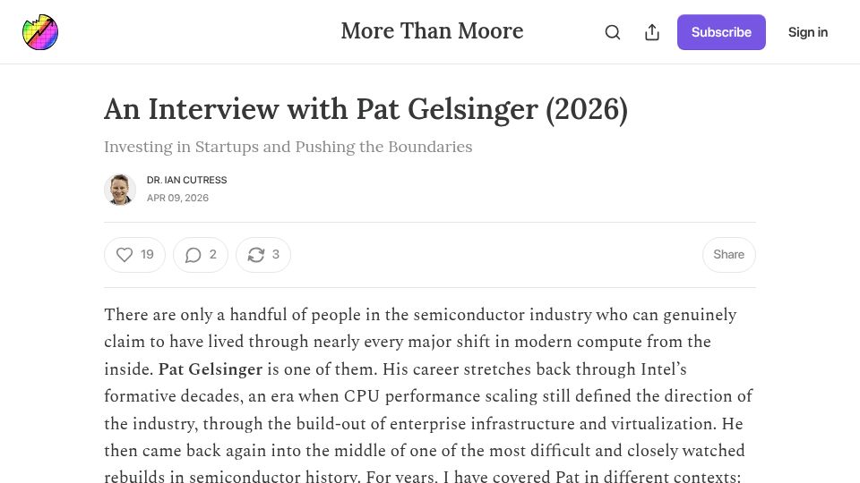 Screenshot of morethanmoore.substack.com: An Interview with Pat Gelsinger
