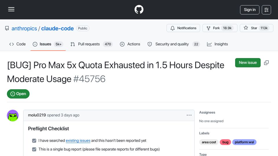Screenshot of github.com: Pro Max 5x quota exhausted in 1.5 hours despite moderate usage