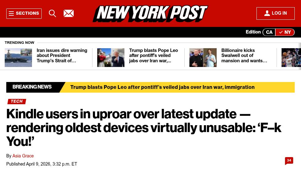 Screenshot of nypost.com: Kindle users in uproar over update rendering oldest devices virtually unusable