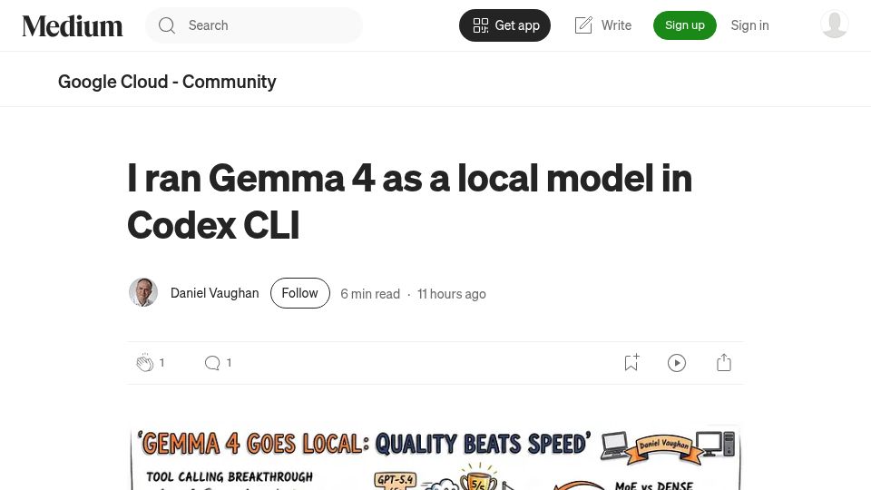 Screenshot of blog.danielvaughan.com: I ran Gemma 4 as a local model in Codex CLI