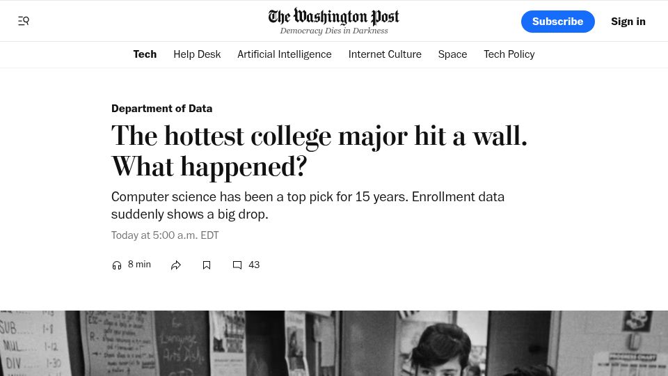 Screenshot of washingtonpost.com: The hottest college major [Computer Science] hit a wall. What happened?