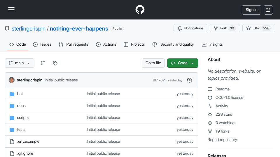 Screenshot of github.com: Nothing Ever Happens: Polymarket bot that always buys No on non-sports markets