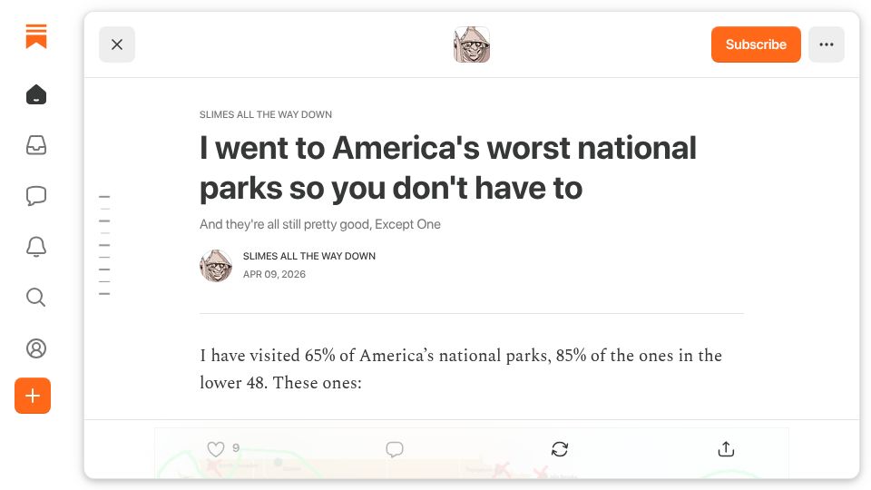 Screenshot of substack.com: I went to America's worst national parks so you don't have to