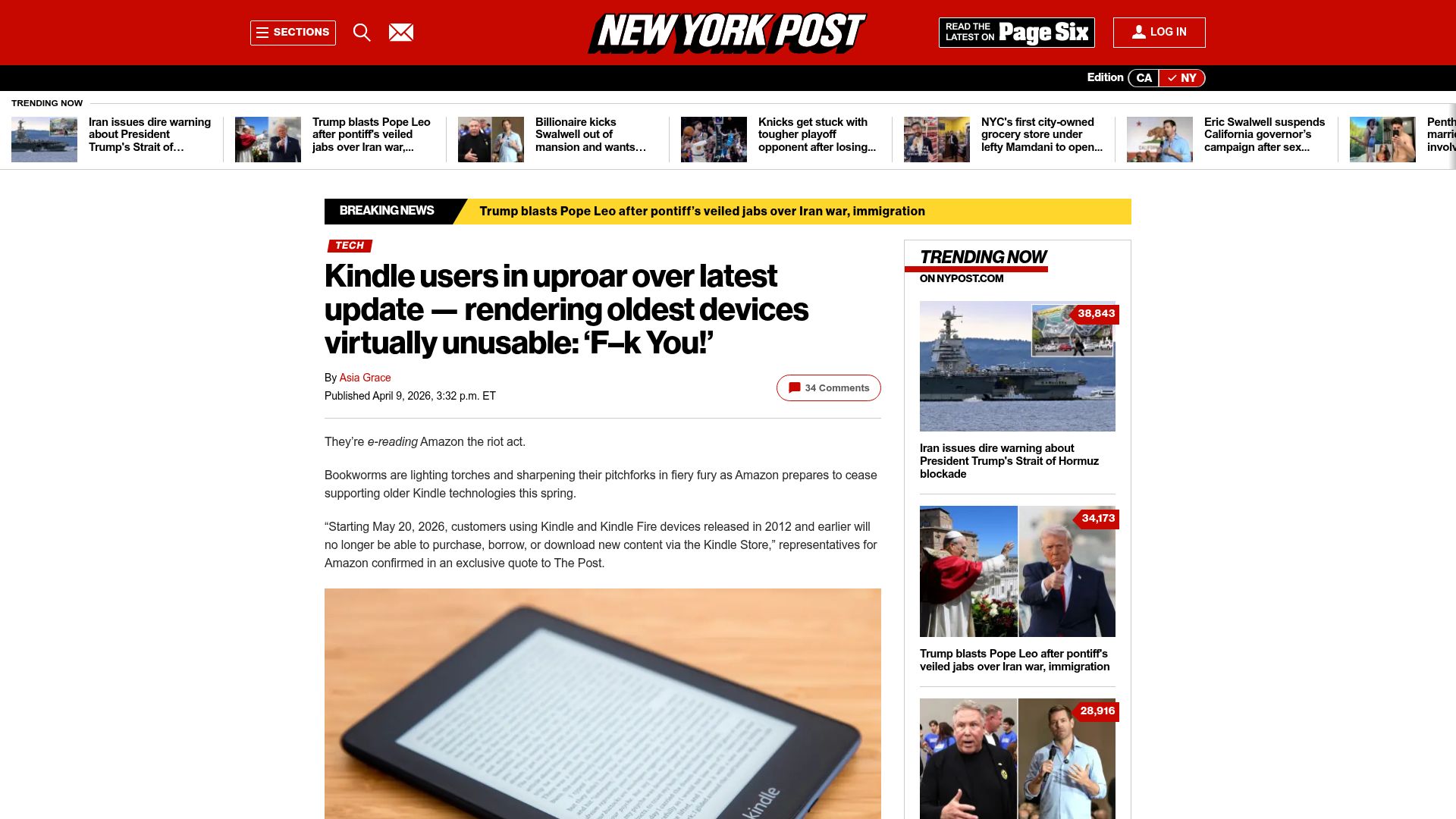 Screenshot of nypost.com: Kindle users in uproar over update rendering oldest devices virtually unusable