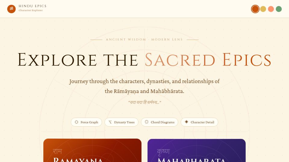 Screenshot of ithihasas.in: Show HN: Ithihāsas – a character explorer for Hindu epics, built in a few hours
