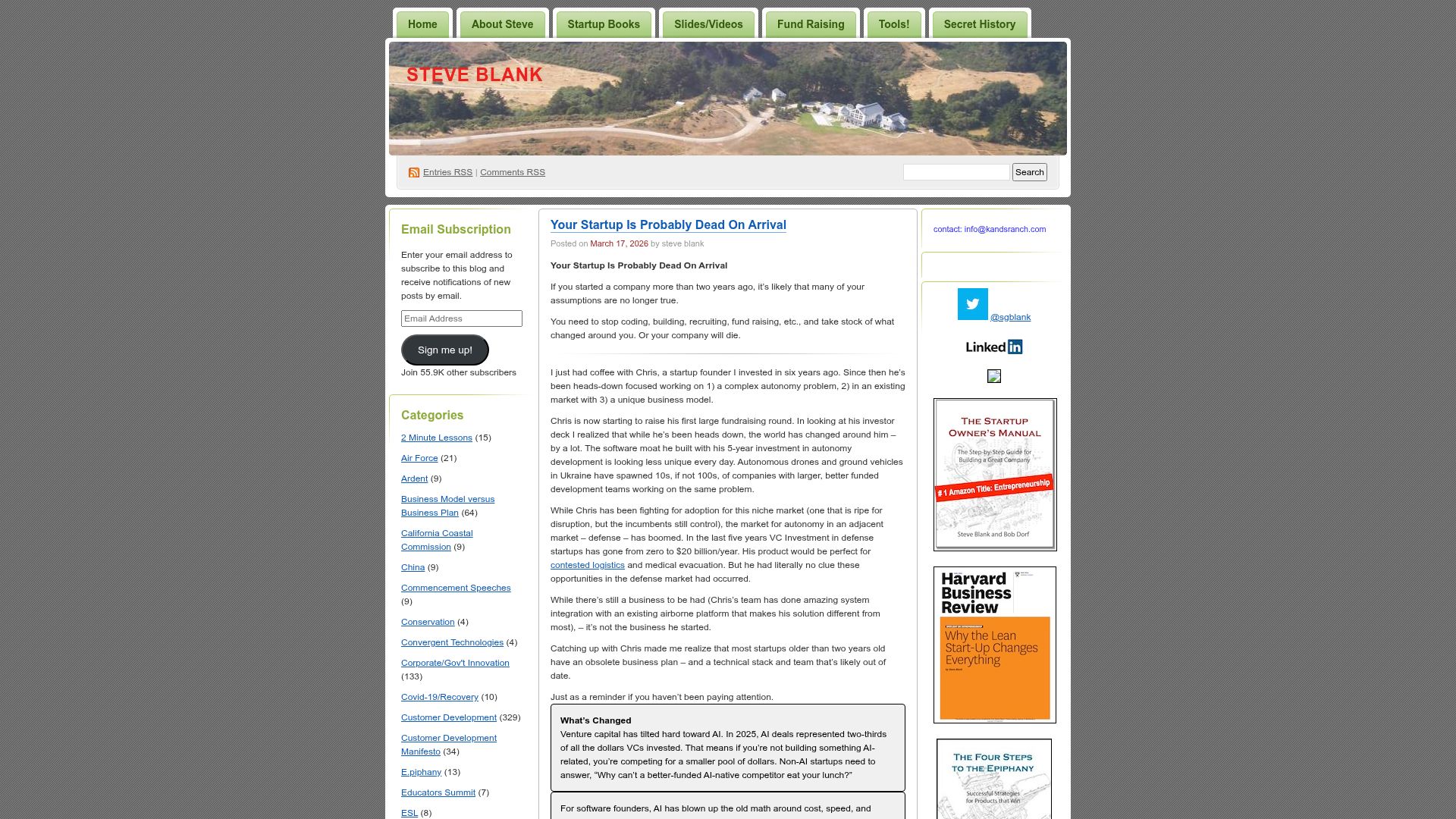 Screenshot of steveblank.com: If you started a company two years ago, many assumptions are no longer true