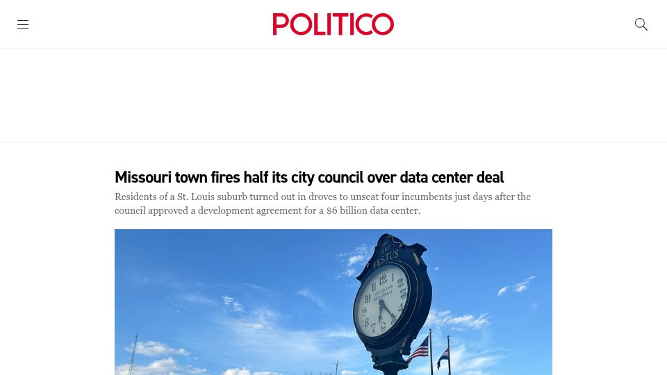 Screenshot of politico.com: Missouri town fires half its city council over data center deal