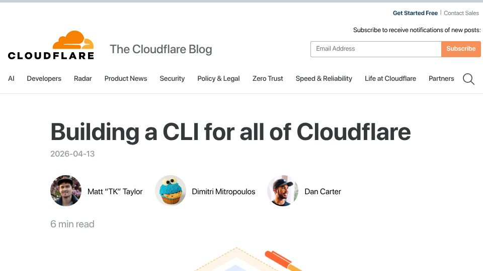 Screenshot of blog.cloudflare.com: Building a CLI for all of Cloudflare