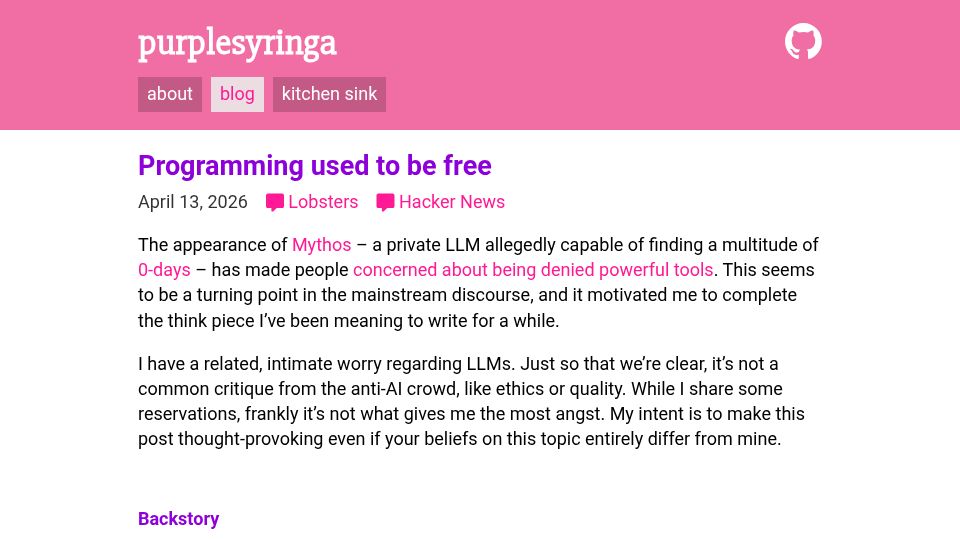 Screenshot of purplesyringa.moe: Programming Used to Be Free