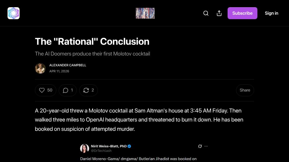 Screenshot of campbellramble.ai: The Rational Conclusion of Doomerism Is Violence