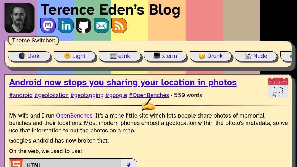 Screenshot of shkspr.mobi: Android now stops you sharing your location in photos