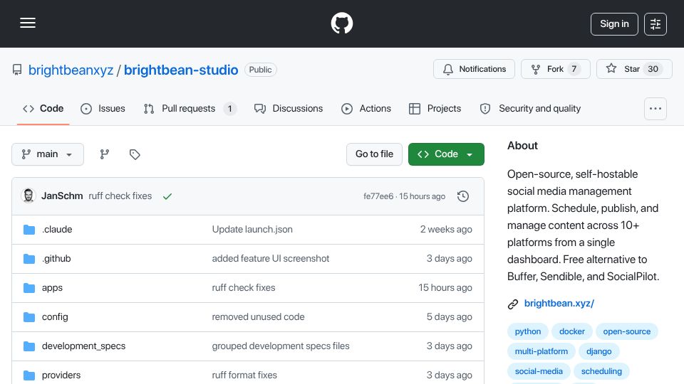 Screenshot of github.com: Show HN: I built a social media management tool in 3 weeks with Claude and Codex