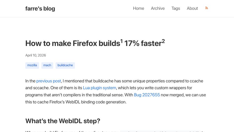 Screenshot of blog.farre.se: How to make Firefox builds 17% faster