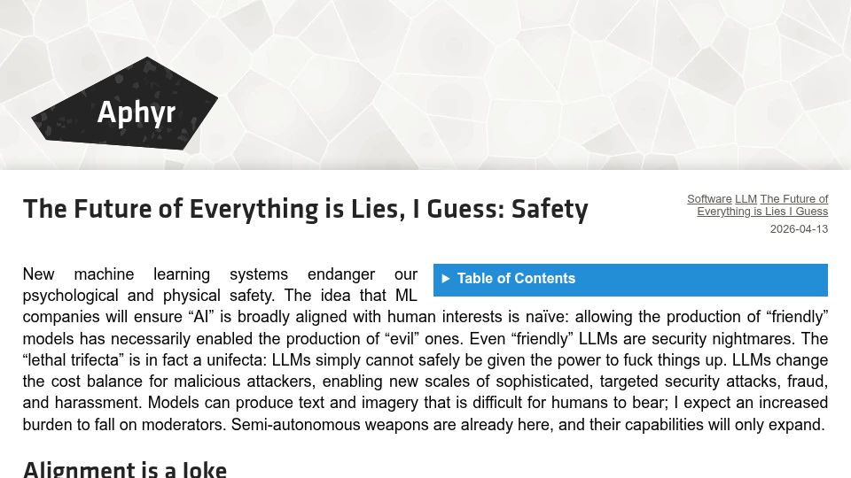 Screenshot of aphyr.com: The Future of Everything Is Lies, I Guess: Safety
