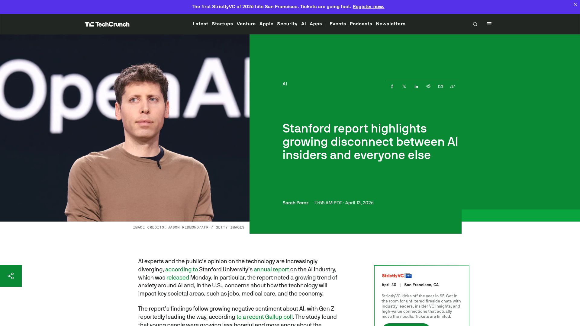 Screenshot of techcrunch.com: Stanford report highlights growing disconnect between AI insiders and everyone