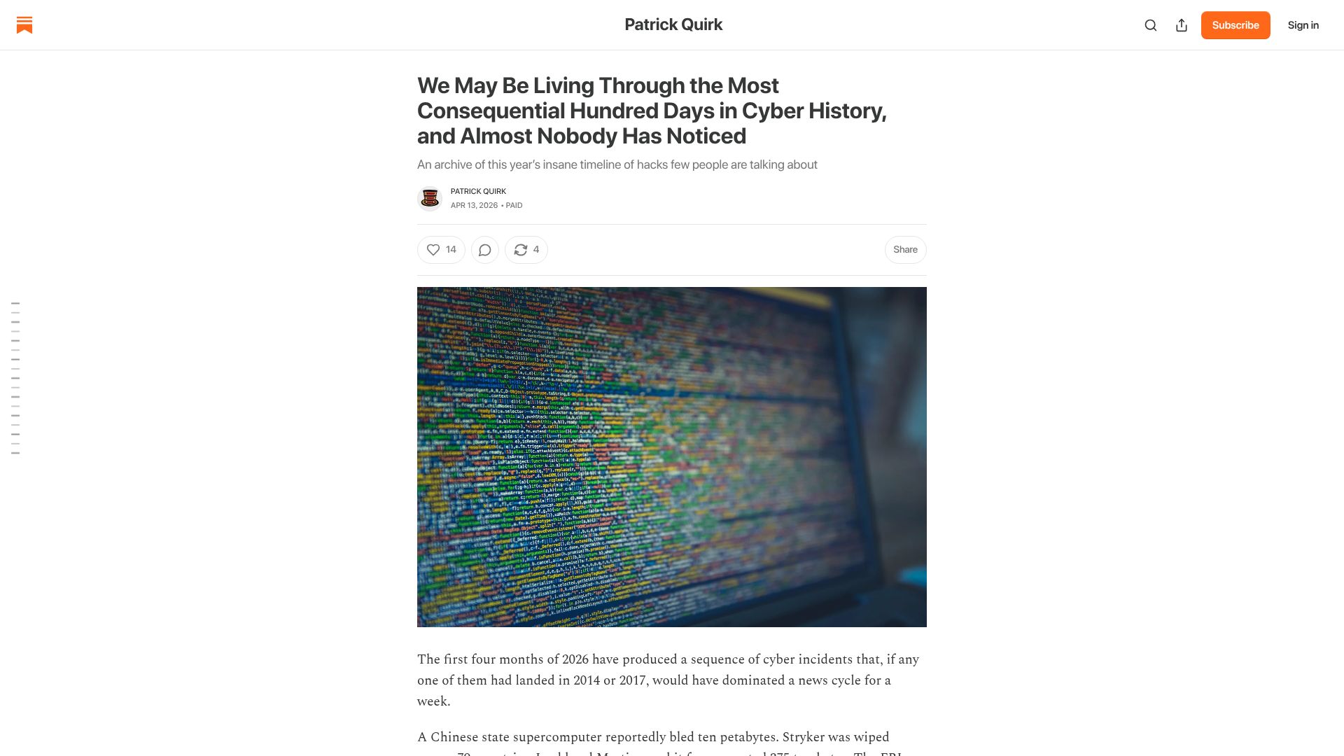 Screenshot of ringmast4r.substack.com: This year’s insane timeline of hacks