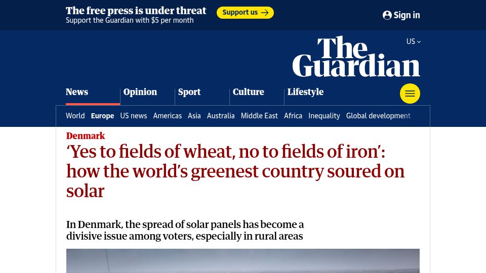 Screenshot of theguardian.com: In Denmark, the spread of solar panels has become a divisive issue