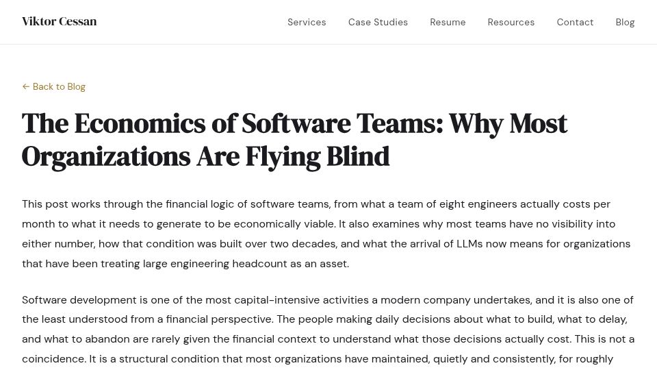 Screenshot of viktorcessan.com: The economics of software teams: Why most engineering orgs are flying blind