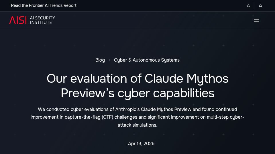 Screenshot of aisi.gov.uk: Evaluation of Claude Mythos Preview's cyber capabilities