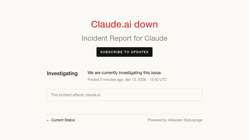 Screenshot of status.claude.com: Claude.ai down