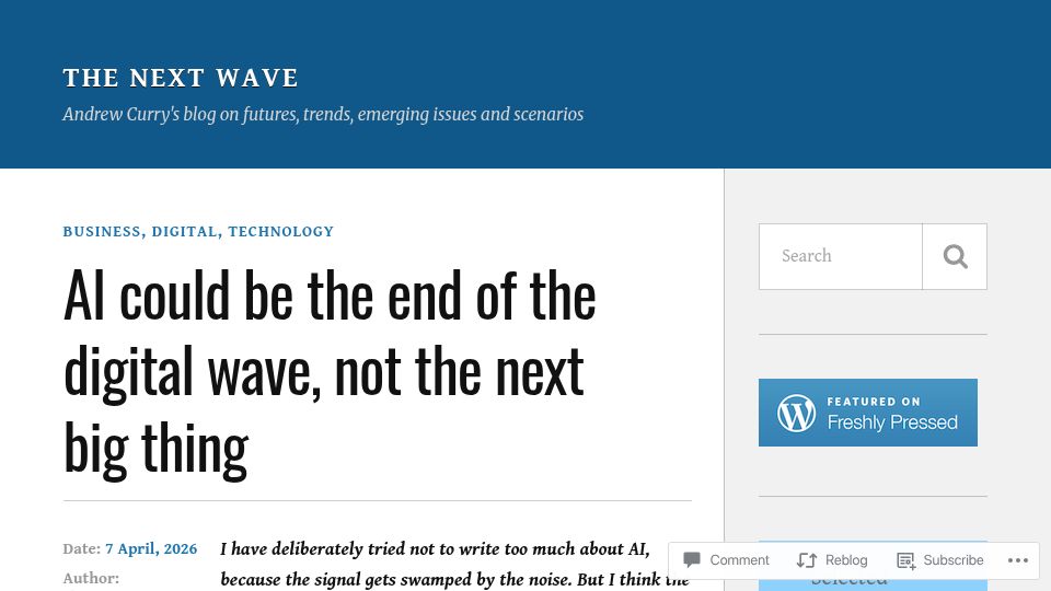 Screenshot of thenextwavefutures.wordpress.com: AI could be the end of the digital wave, not the next big thing