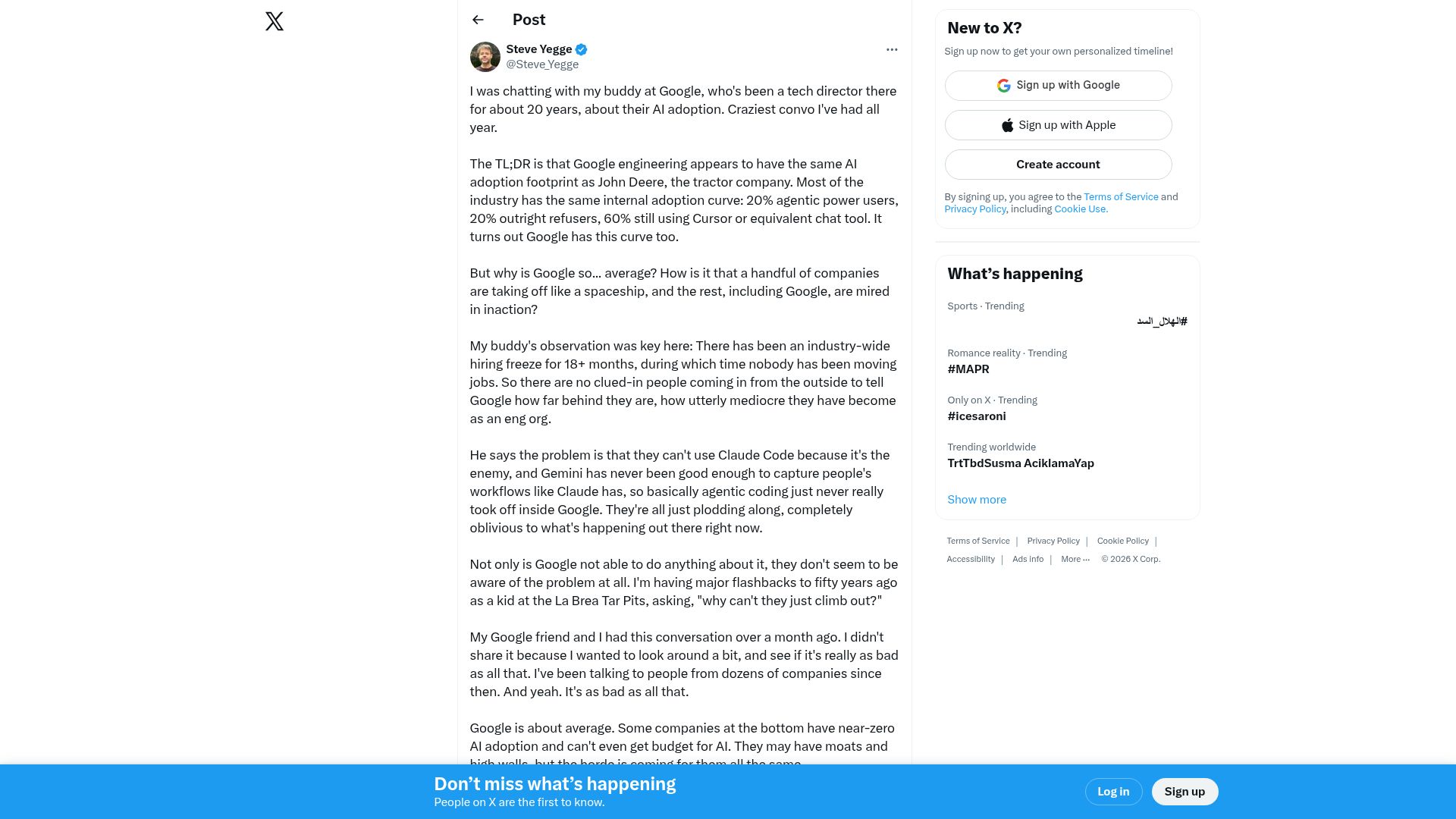Screenshot of twitter.com: Google has the same AI adoption curve as John Deere