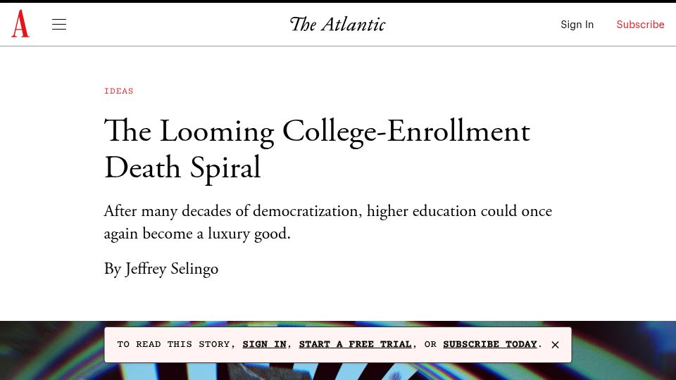 Screenshot of theatlantic.com: The looming college-enrollment death spiral