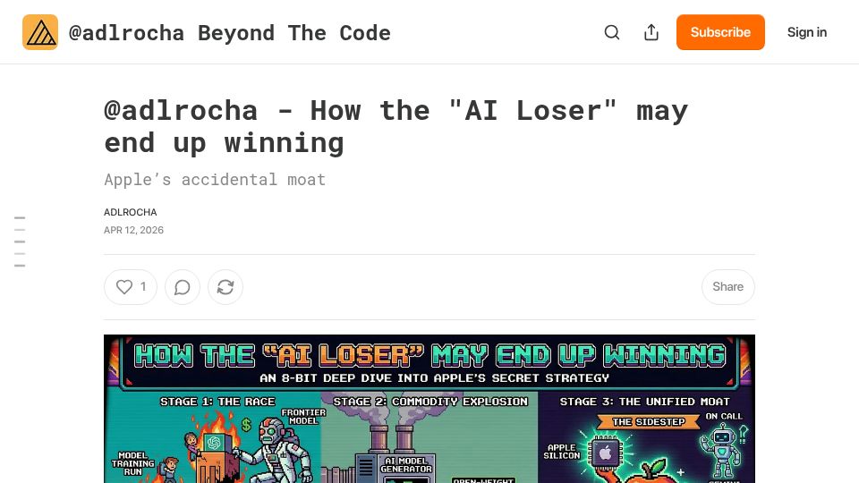 Screenshot of adlrocha.substack.com: Apple's accidental moat: How the "AI Loser" may end up winning