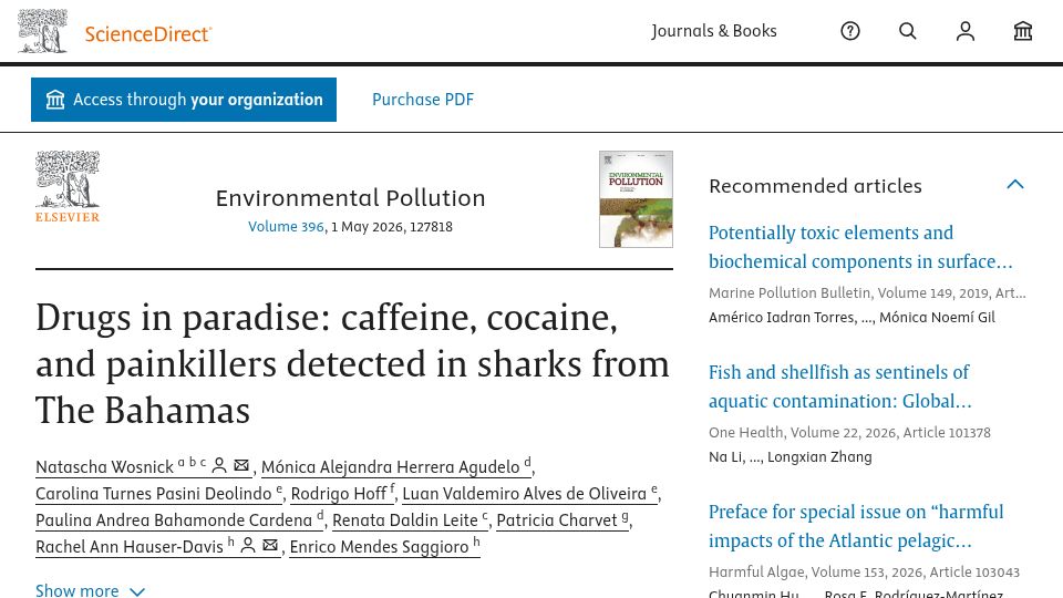 Screenshot of sciencedirect.com: Caffeine, cocaine, and painkillers detected in sharks from The Bahamas