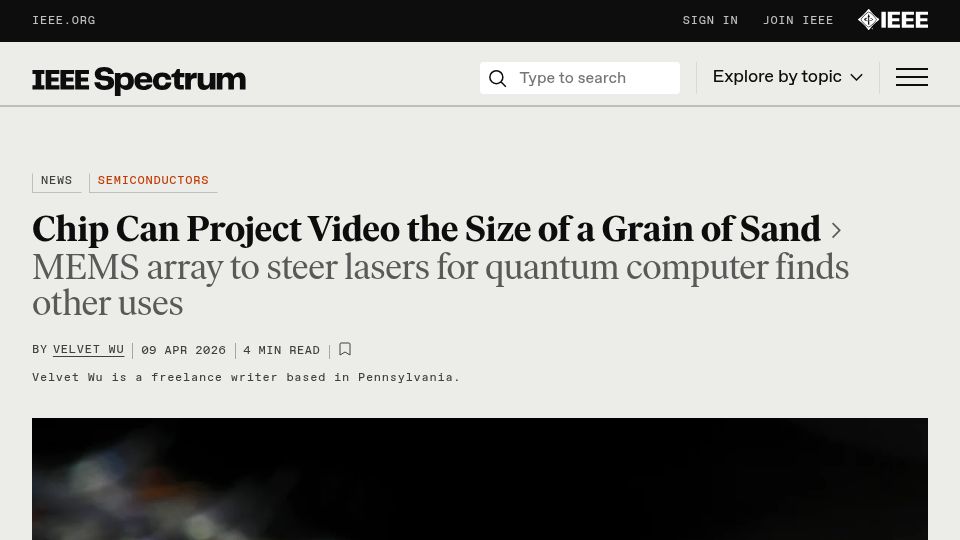 Screenshot of spectrum.ieee.org: MEMS Array Chip Can Project Video the Size of a Grain of Sand