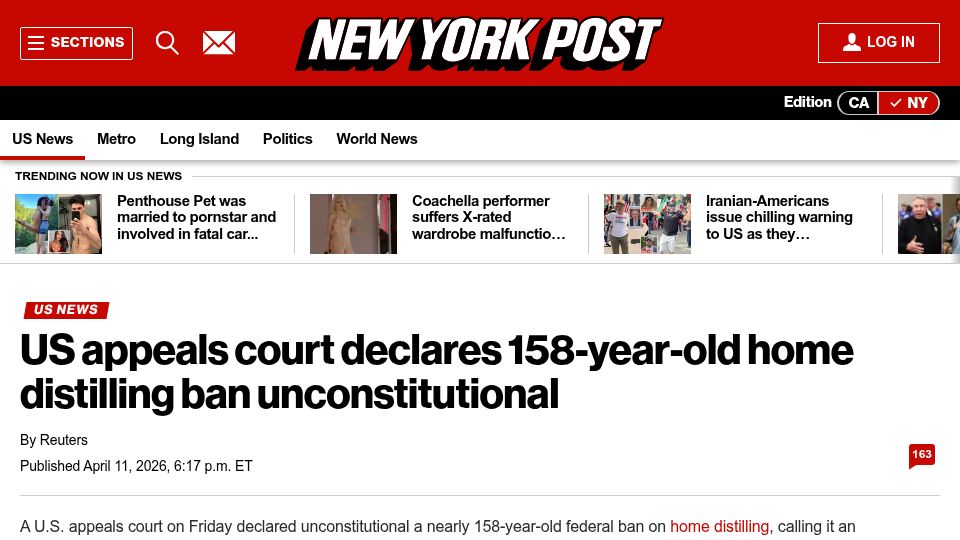 Screenshot of nypost.com: US appeals court declares 158-year-old home distilling ban unconstitutional
