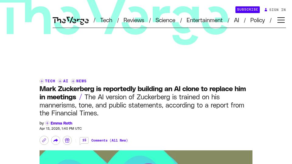 Screenshot of theverge.com: Mark Zuckerberg is reportedly building an AI clone to replace him in meetings