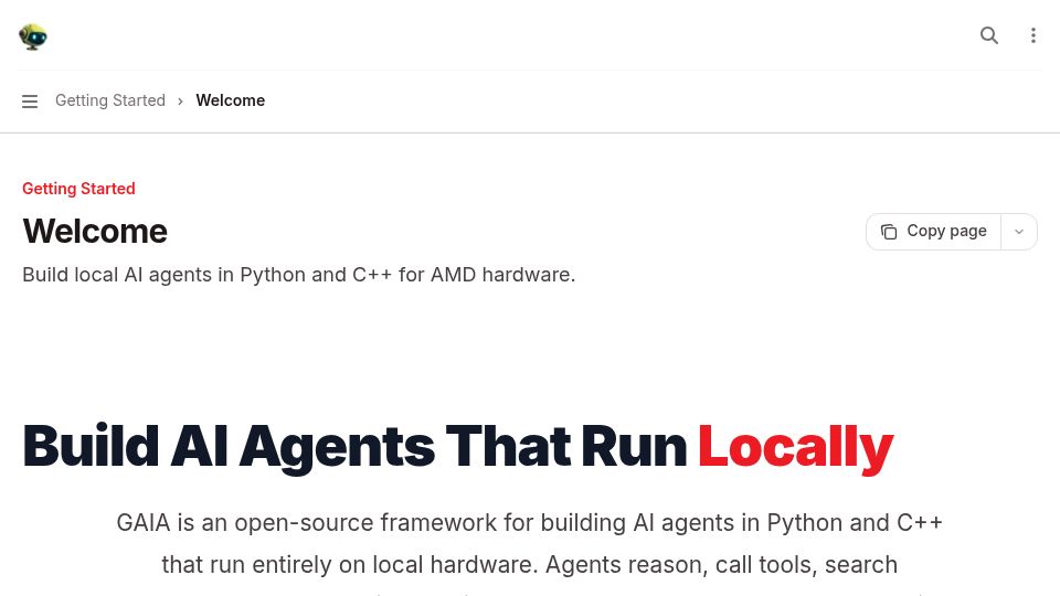 Screenshot of amd-gaia.ai: GAIA – Open-source framework for building AI agents that run on local hardware