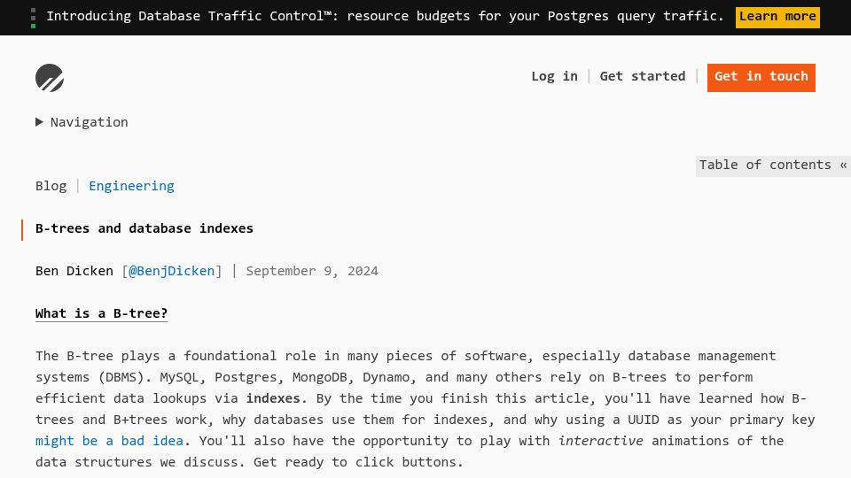 Screenshot of planetscale.com: B-trees and database indexes (2024)
